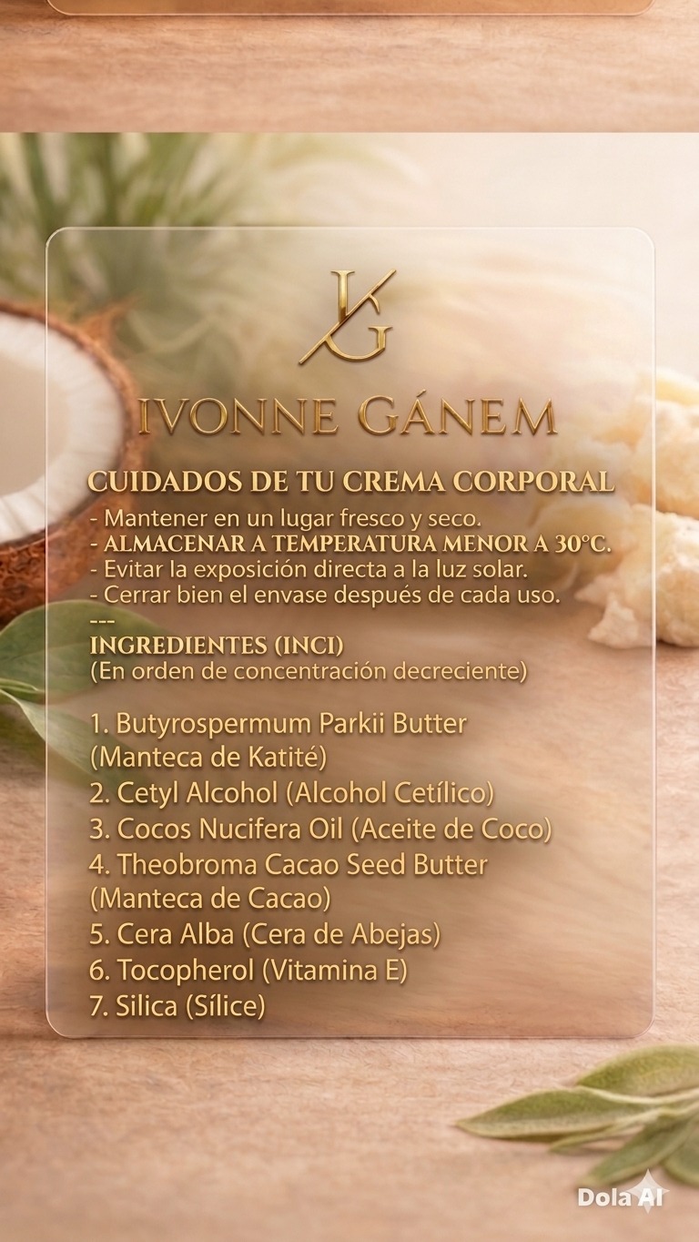 Tarjeta informativa de Ivonne Gánem con cuidados de conservación e ingredientes INCI de la crema corporal Mujer Única