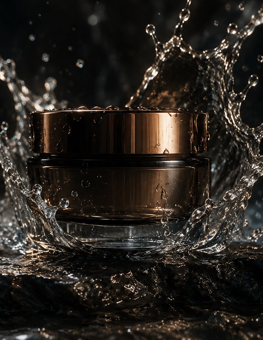Envase de crema corporal sobre una superficie húmeda
