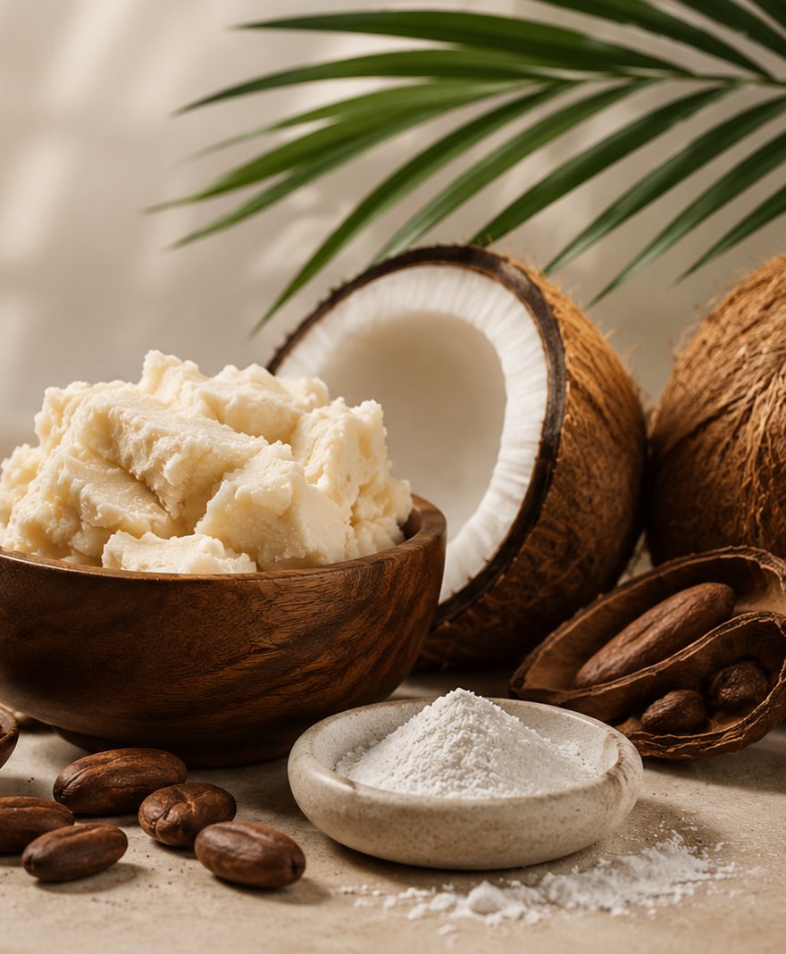 Manteca de karité, coco, cacao y sílice en cuencos de madera