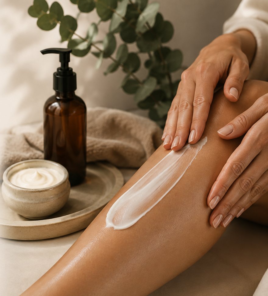 Aplicación de crema corporal sobre la piel de la pierna
