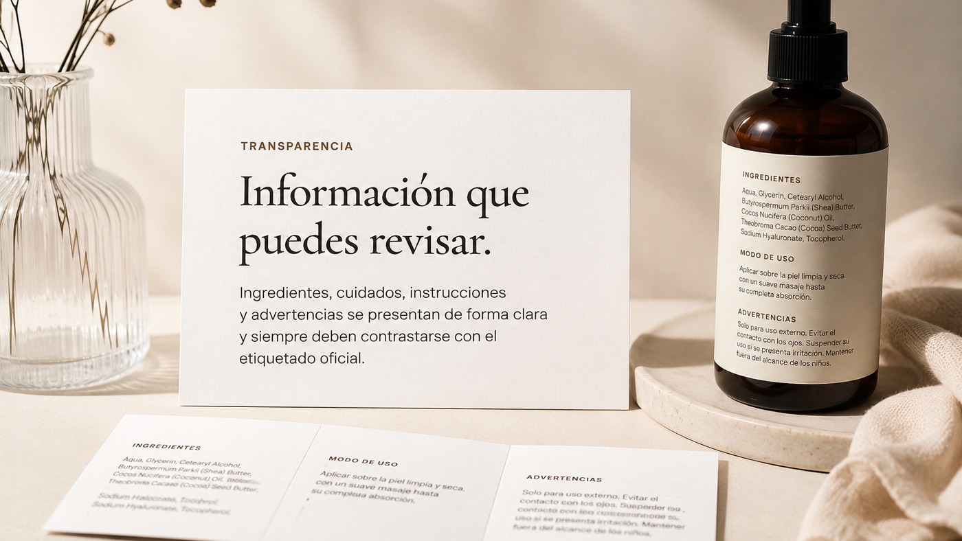 Información de ingredientes, instrucciones y advertencias junto al producto
